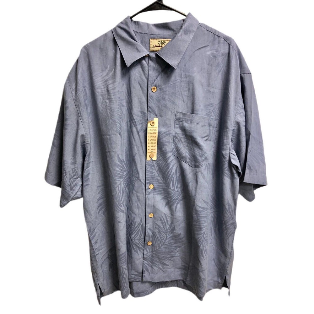 Jimmy Jaxx Button Up Short Sleeve Shirt XL/EG Blue Palm Leaves 100% Silk